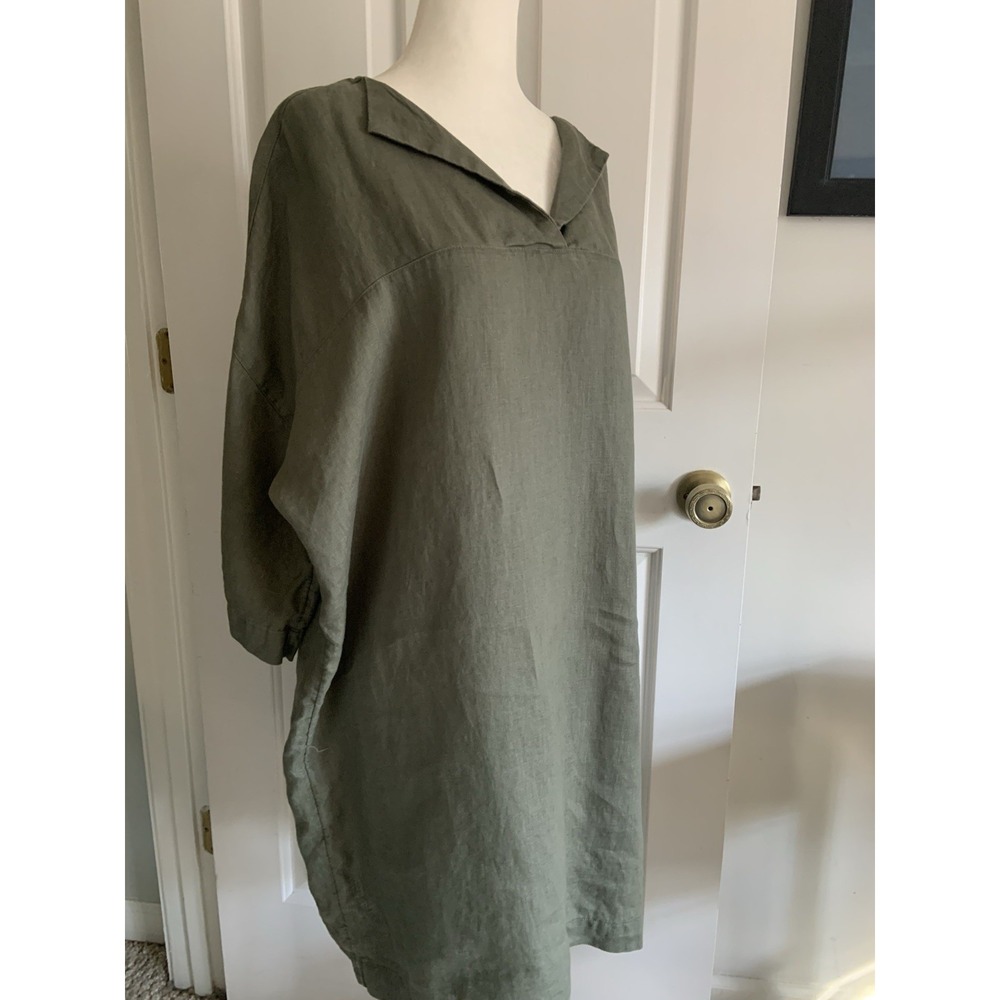 Monoprix Premium Linen Tunic Mini Dress Relaxed Long Top Size L Olive Green